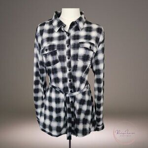 Eden & Olivia Flannel Shirt Jacket XL – Black White Plaid Belted Tunic
